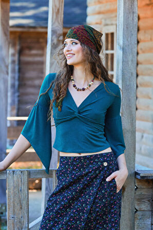 Kruvaze Yaka Yarım Kollu Kışlık Bluz