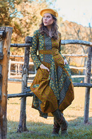 Asimetrik V Yaka Beli Bağlamalı Uzun Kollu Elbise