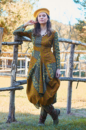 Asimetrik V Yaka Beli Bağlamalı Uzun Kollu Elbise