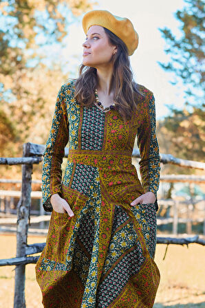 Asimetrik V Yaka Beli Bağlamalı Uzun Kollu Elbise