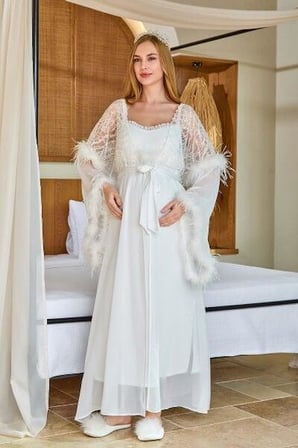 Cossy By Aqua Kadın Krem Otriş Detay Uzun Sabahlık 27185 
