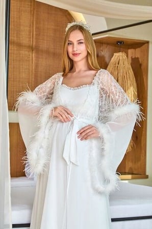 Cossy By Aqua Kadın Krem Otriş Detay Uzun Sabahlık 27185 