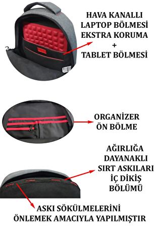 Laptop Sırt Çantası 17 İnç Tablet USB Bölmeli 8683255012763