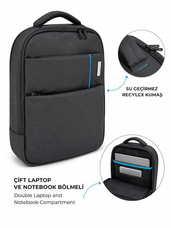 Laptop Sırt Çantası Su Geçirmez 15"6 İnç & 13" İnç Çift Notebook Bölmeli Terletmez Sırt Destekli 8683255014163