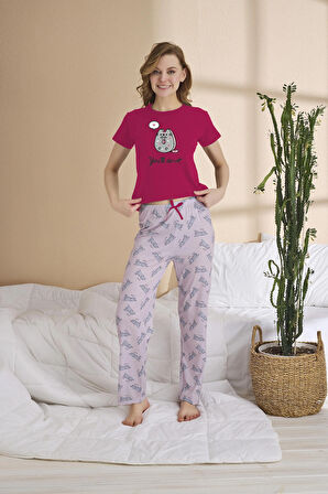 Kadın Yazlık Kısa Kollu Fiyonk ve Dijital Baskı Detaylı Pijama Takımı