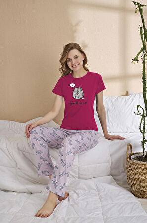 Kadın Yazlık Kısa Kollu Fiyonk ve Dijital Baskı Detaylı Pijama Takımı