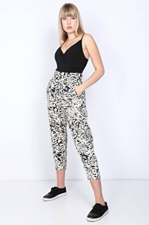 Kadın Desenli Paperbag Duble Paça Pantolon