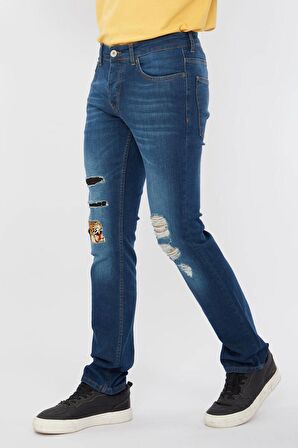 Erkek Straight Fit Yama Detaylı Jean Pantolon