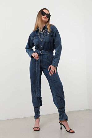 Kadın Oversize Jean Tulum Koyu Mavi