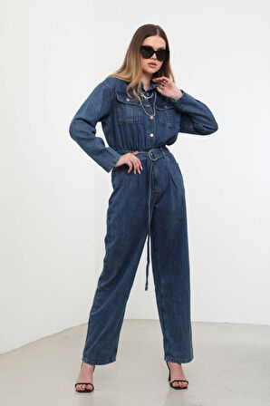 Kadın Oversize Jean Tulum Koyu Mavi
