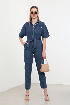 Kadın Yarasa Kol Jean Tulum Koyu Mavi