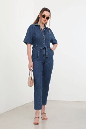 Kadın Yarasa Kol Jean Tulum Koyu Mavi