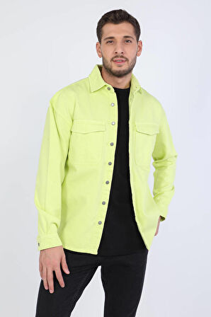 Erkek Oversize Jean Gömlek Neon Yeşil