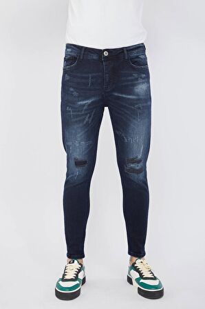 Erkek Skinny Ripped Patch Detaylı Jean Lacivert