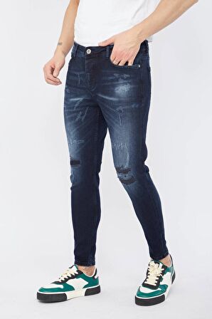 Erkek Skinny Ripped Patch Detaylı Jean Lacivert