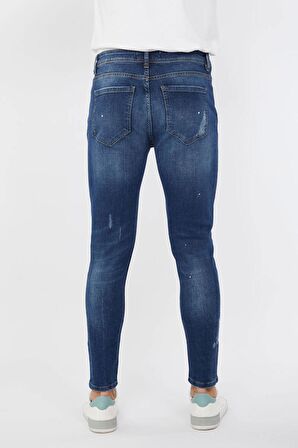 Erkek Skinny Ripped Patch Detaylı Jean Koyu Mavi