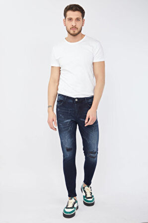 Erkek Skinny Ripped Patch Detaylı Jean Lacivert