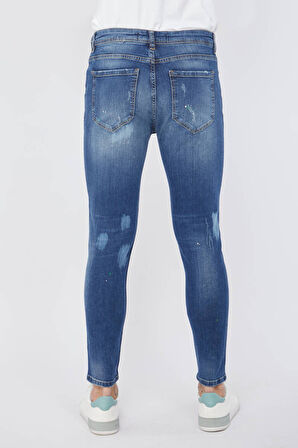 Erkek Skinny Fit Yırtık Detaylı Jean Koyu Mavi