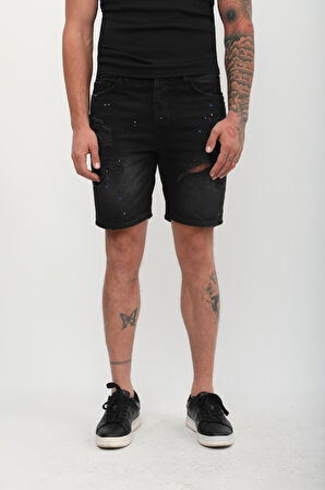 Erkek Boyalı Yırtık Jean Şort Siyah