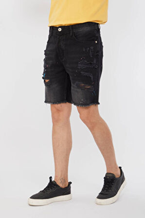 Erkek Paçası Kesik Boyalı Jean Şort Siyah