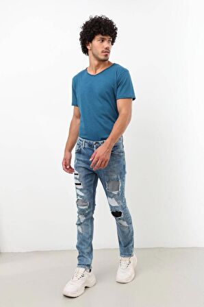 Erkek Yırtık Detaylı Slim Fit Jean Pantolon Mavi