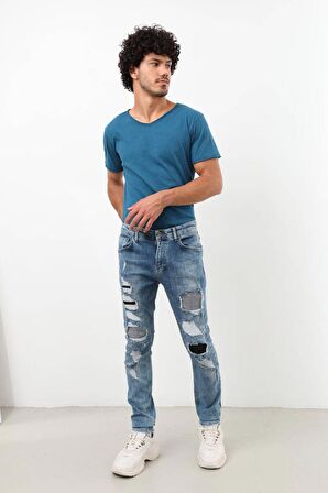 Erkek Yırtık Detaylı Slim Fit Jean Pantolon Mavi