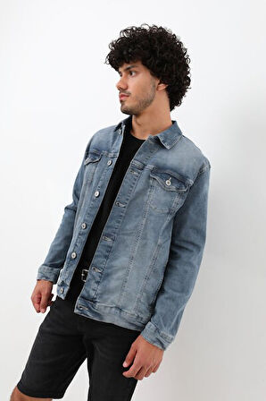 Erkek Likralı Jean Ceket Mavi