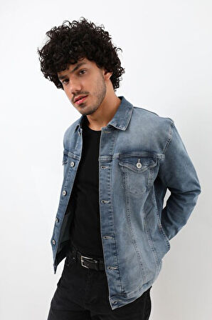 Erkek Likralı Jean Ceket Mavi