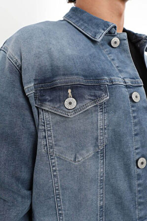 Erkek Likralı Jean Ceket Mavi