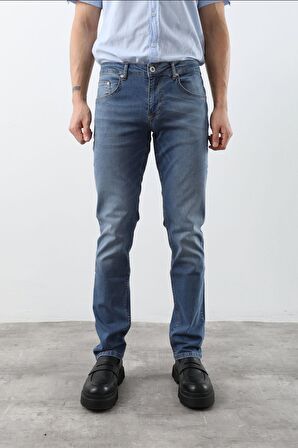 Erkek Likralı Regular Fit Düz Jean Pantolon Mavi