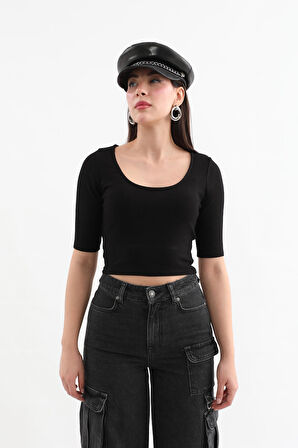 Yarım Kol Fitilli Crop Top Siyah