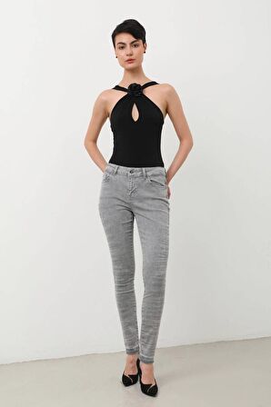 Kadın Paça Detaylı Skinny Fit Jean Pantolon Gri