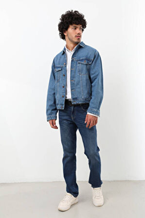 Erkek Düğmeli Regular Fit Jean Ceket Mavi