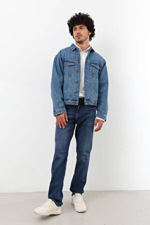 Erkek Düğmeli Regular Fit Jean Ceket Mavi