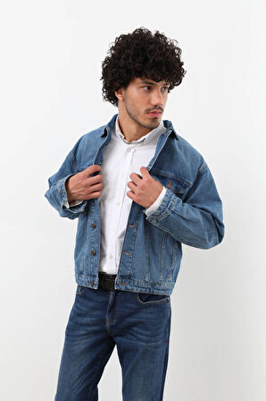 Erkek Düğmeli Regular Fit Jean Ceket Mavi