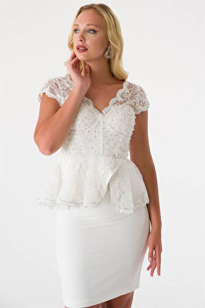 Kadın Üst Güpür Detaylı Arkadan Bağlamalı Takım Abiye Ekru