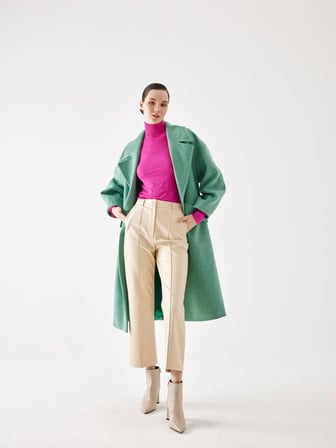 Kol Detaylı Yeşil Çizgili Oversize Kaşe Kaban