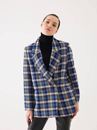 Ekose Desen Saks Kruvaze Oversize Blazer Ceket