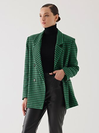 Kazayağı Desen Kruvaze Yeşil Oversize Blazer Ceket