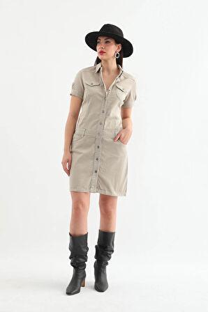 Kadın Bej Düğmeli Jean Elbise