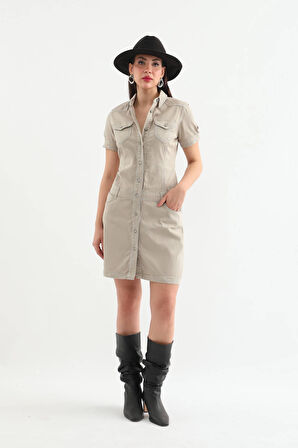 Kadın Bej Düğmeli Jean Elbise