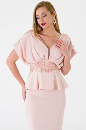 Kadın V Yaka Pudra Abiye Takım