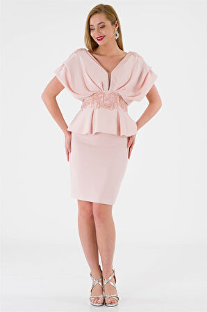 Kadın V Yaka Pudra Abiye Takım