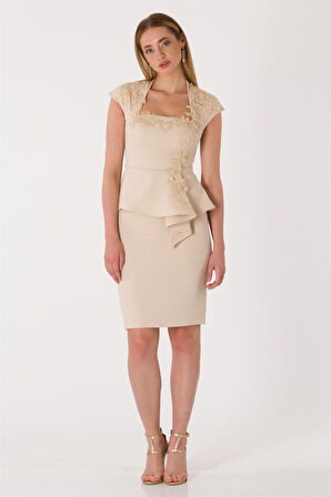 Kadın Volanlı Abiye Takım Bej