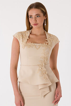 Kadın Volanlı Abiye Takım Bej