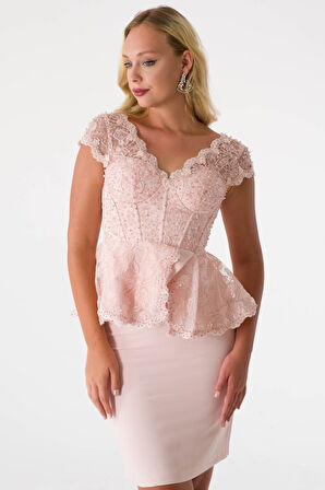 Kadın Üst Güpür Detaylı Arkadan Bağlamalı Takım Abiye Pudra