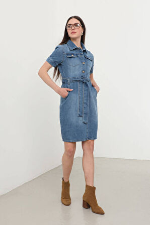 Blue White Kadın Kısa Kol Jean Elbise