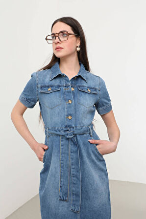 Blue White Kadın Kısa Kol Jean Elbise