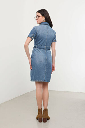 Blue White Kadın Kısa Kol Jean Elbise