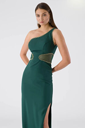 Tek Omuz Beli Tül Detaylı Uzun Abiye Hohny